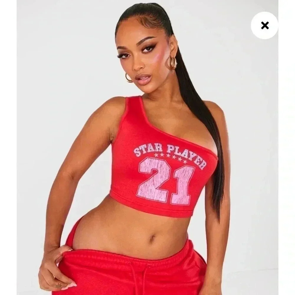 Pretty Little Thing Shape Red One Shoulder Star Player Crop Top Size Medium NWT